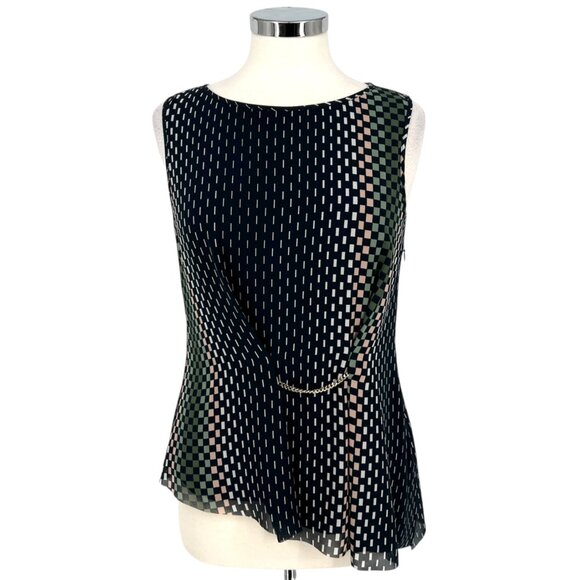 Reiss Checked Sleeveless Chain Accent Blouse Navy Blue Multicolor Size 6 - Picture 1 of 15